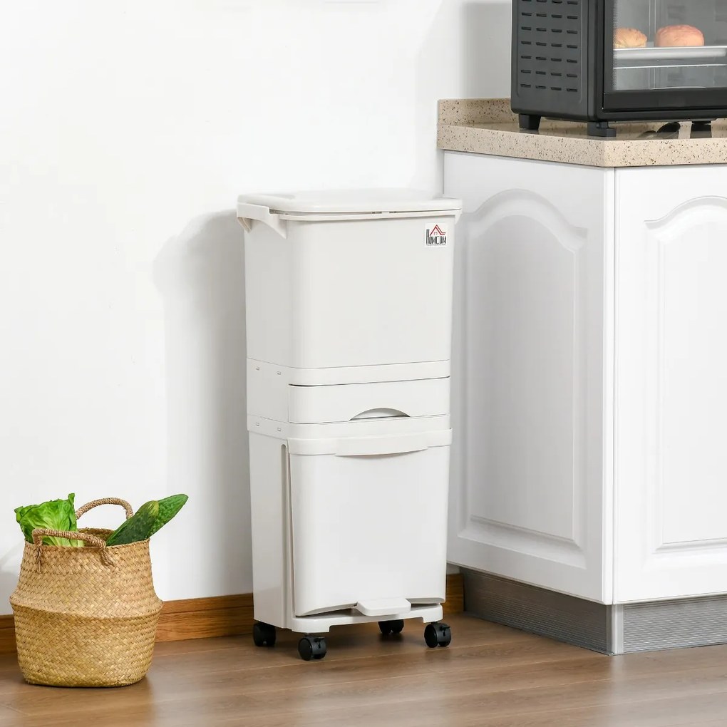Caixotes de Lixo e Reciclagem 45L Caixote Móvel com Rodas 4 Compartimentos Gaveta Abertura e Fechamento com Botão e Pedal 42x29x83cm Branco