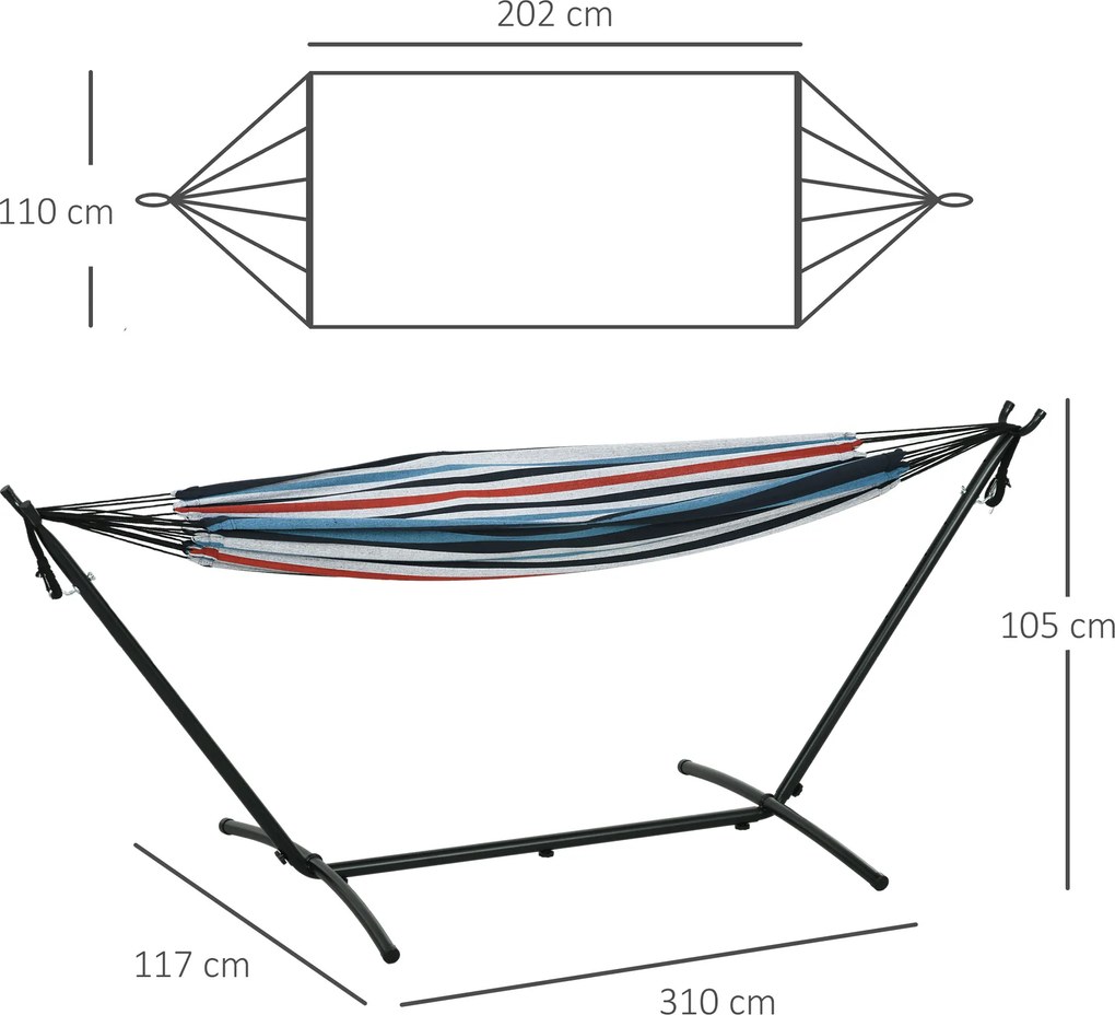 Cama Rede descanso jardim com Suporte 310x117 cm com Bolsa de Transporte Altura Ajustável Capacidade 120 kg para Campismo Azul e Branco