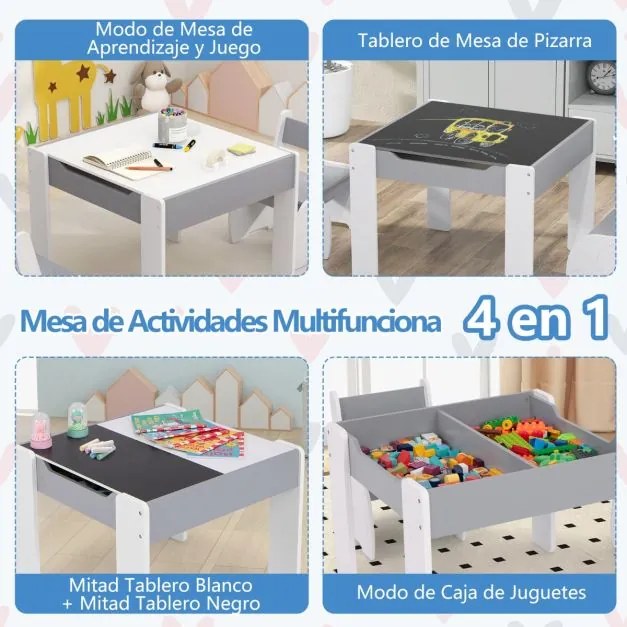 Conjunto de mesa e 2 cadeiras para crianças Mesa de atividades em madeira 4 em 1 para arte, desenho, leitura e quadro removível Cinzento e branco