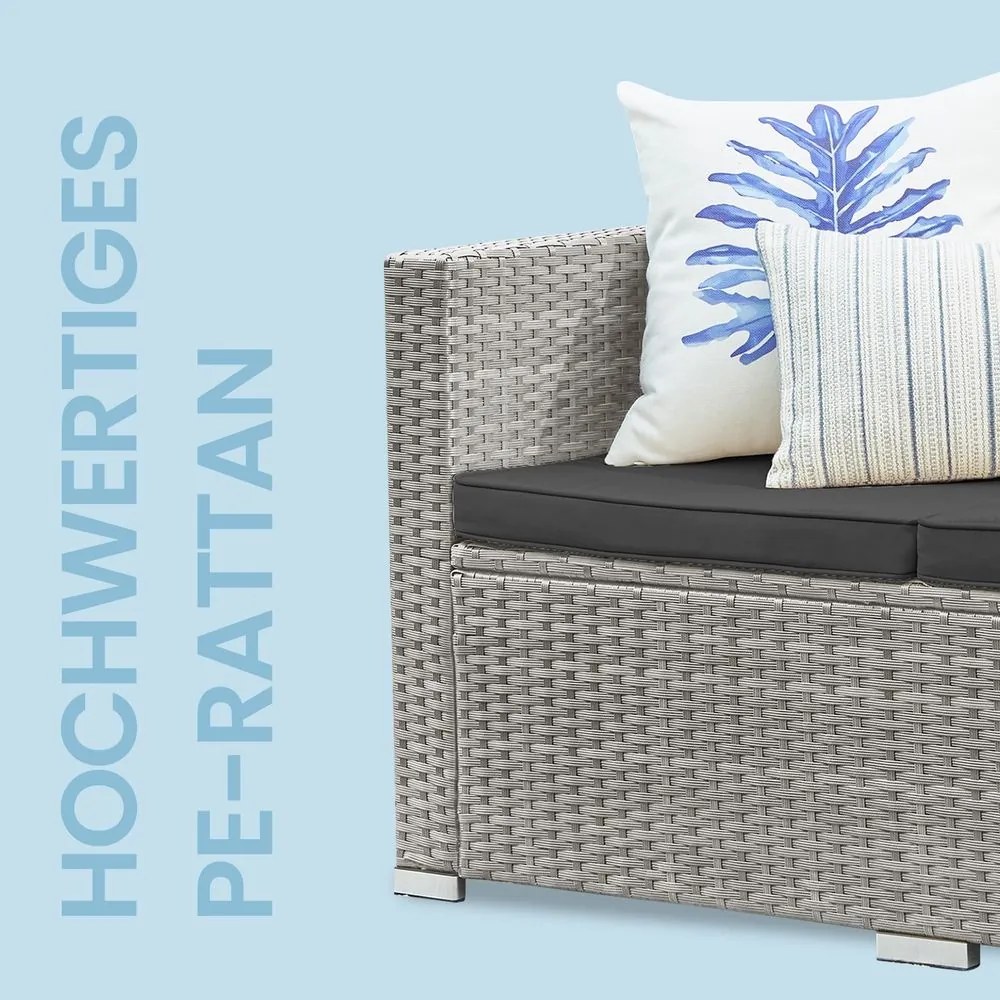 Conjunto de jardim, mobiliário de pátio em Polyrattan, mobiliário de varanda com almofadas e mesa de vidro Cinzento