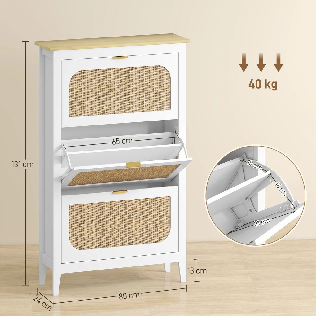Sapateira com capacidade para 21 pares 80 x 24 x 131 cm, estilo boémio, com 3 gavetas rebatíveis, portas com efeito de vime, branco