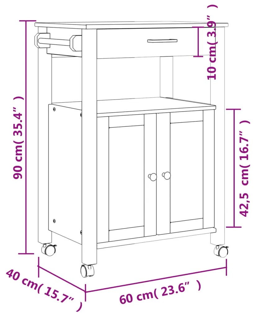 Carrinho de cozinha MONZA 60x40x90 cm madeira de pinho maciça