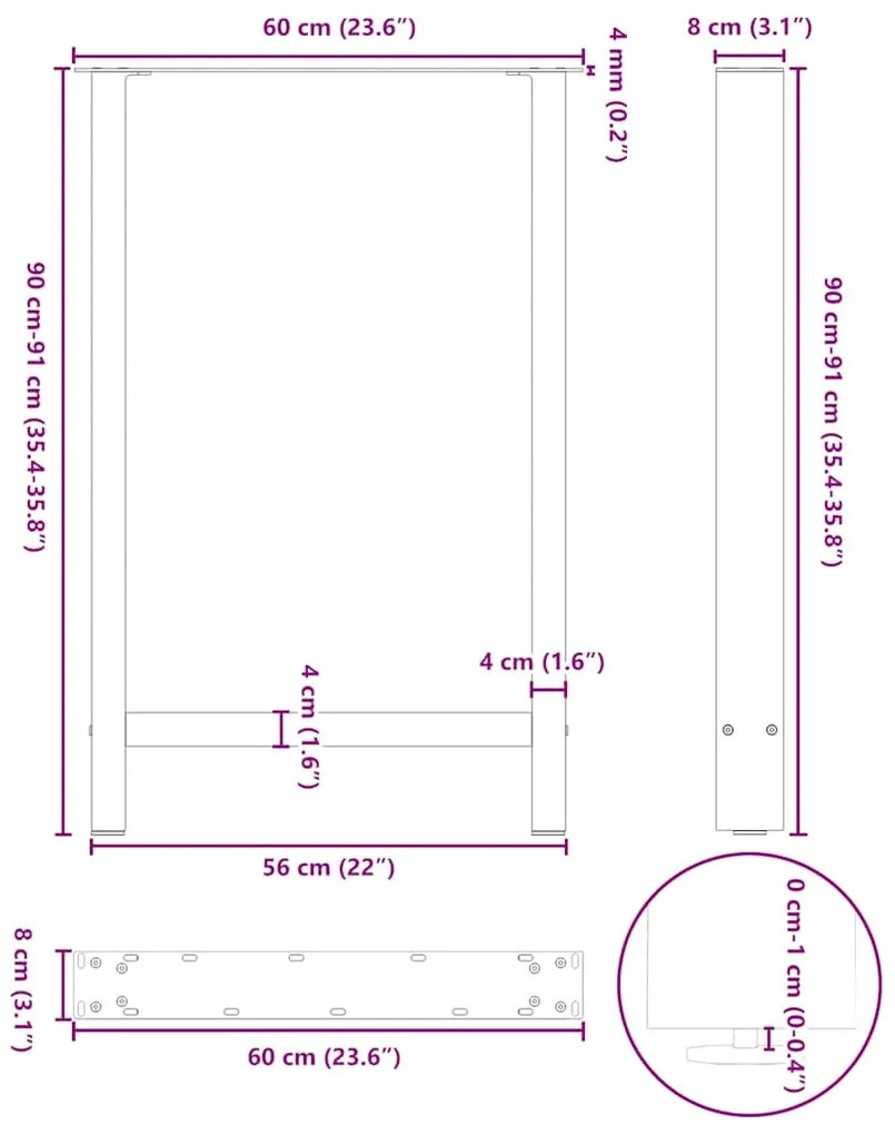 Pés de mesa de bar em aço natural, 2 peças, 60x(90-91) cm, aço