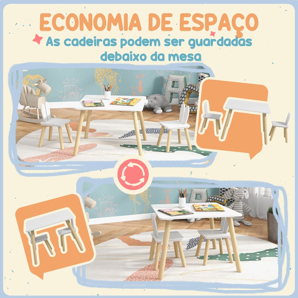 Mesa Infantil com Encosto e 2 Cadeiras com Orelhas de Coelho Mesa Infantil para Sala de Jogos de Berçário Branca