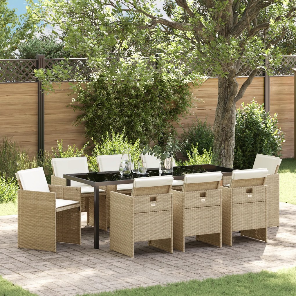 vidaXL Conjunto de Jantar de Jardim de 9 Peças com Almofadas Bege Rattan Poliéster