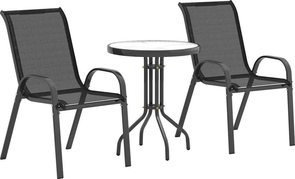 Outsunny Conjunto de Mesa e Cadeiras de Jardim de 3 Peças Móveis de Jardim com Cadeiras Empilháveis e Bancada de Vidro Preto | Aosom Portugal