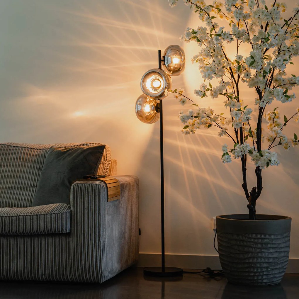 Candeeiro de pé Art Deco preto com vidro fumê 3-luzes - Ayesha