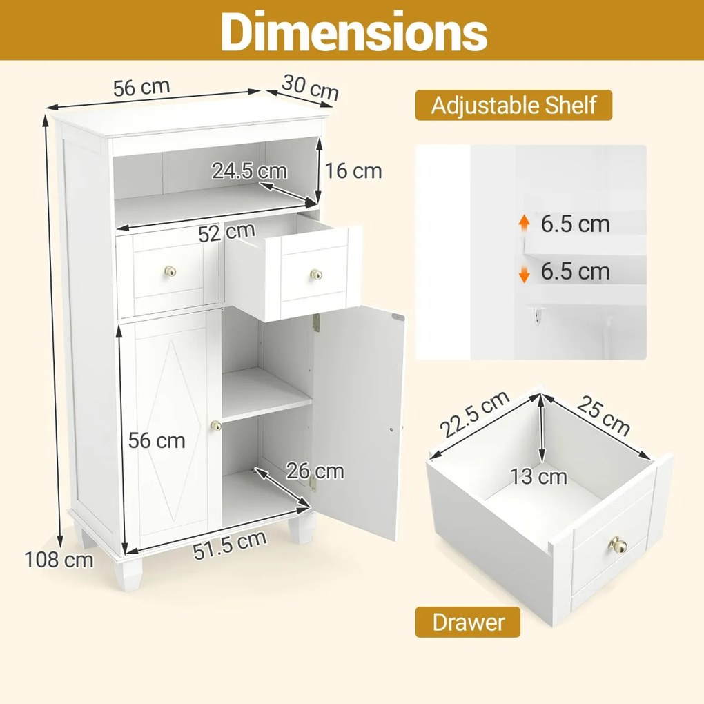 Armário de casa de banho 56 x 30 x 108 cm com portas, Prateleiras e Gavetas branco