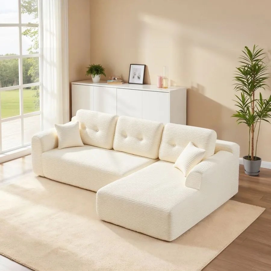 Sofá modular de canto com Chaise long à direita, 150 x 244 x 73 cm branco creme