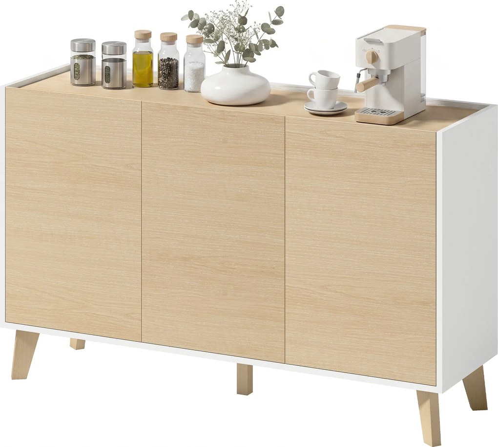 Armário de cozinha 120 L x 35 P x 73,5 A cm, móvel de arrumação de estilo nórdico, 3 portas com fecho suave, 6 compartimentos, cor madeira natural e b