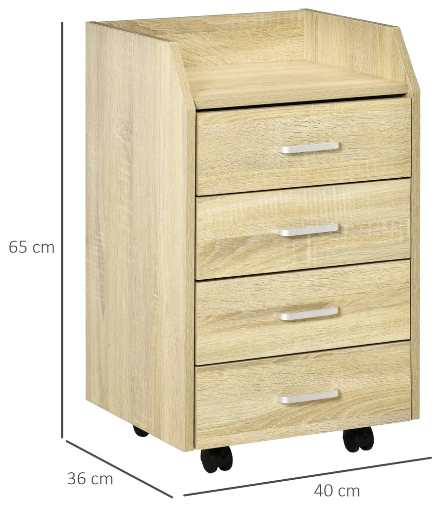 Vinsetto Bloco de Gavetas Móvel Auxiliar com 4 Gavetas Bancada Superior de Armazenamento 4 Rodas e 2 Freios para Estúdio Escritório 40x36x65cm Carvalho