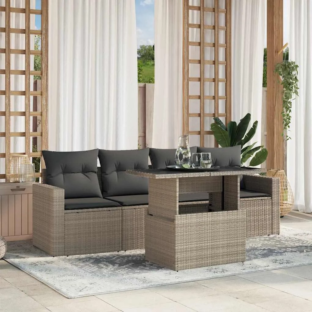 vidaXL 5 pcs conj. sofás jardim c/ almofadões vime PE cinzento-claro