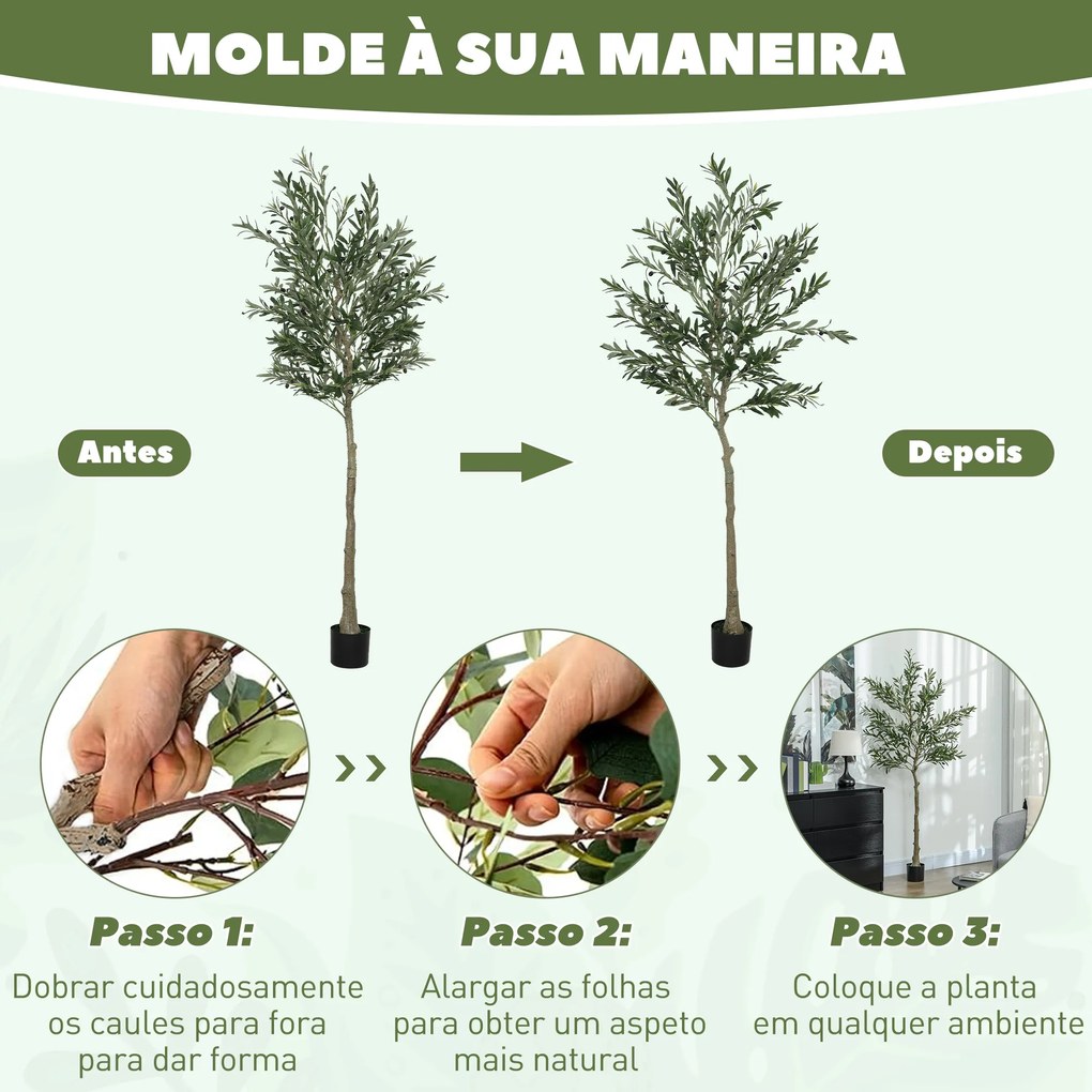 Oliveira Artificial Planta Artificial Decorativa de Interior com 40 Azeitonas Decoração  Ø15x180 cm Verde