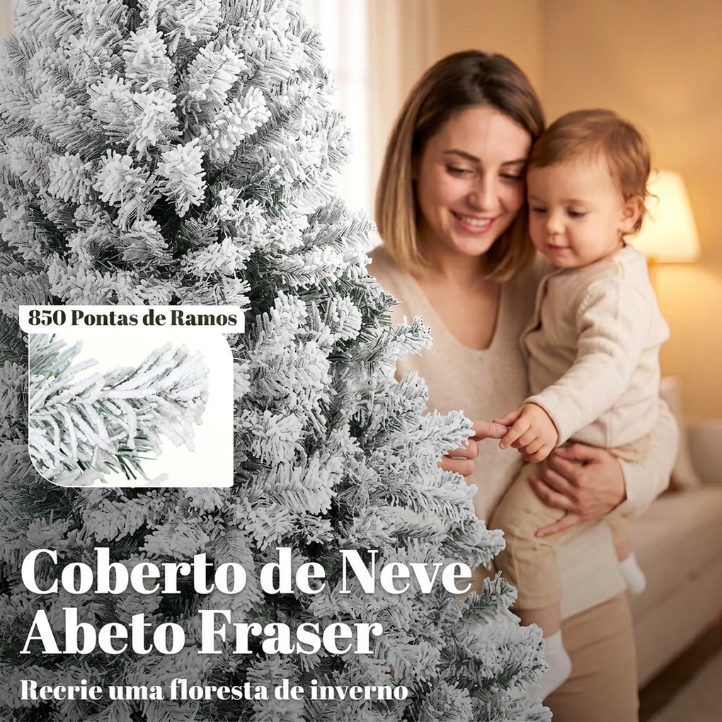 Árvore de Natal nevada com luzes LED 200 cm, abeto Fraser, ramos articulados, base metálica dobrável, verde e branco