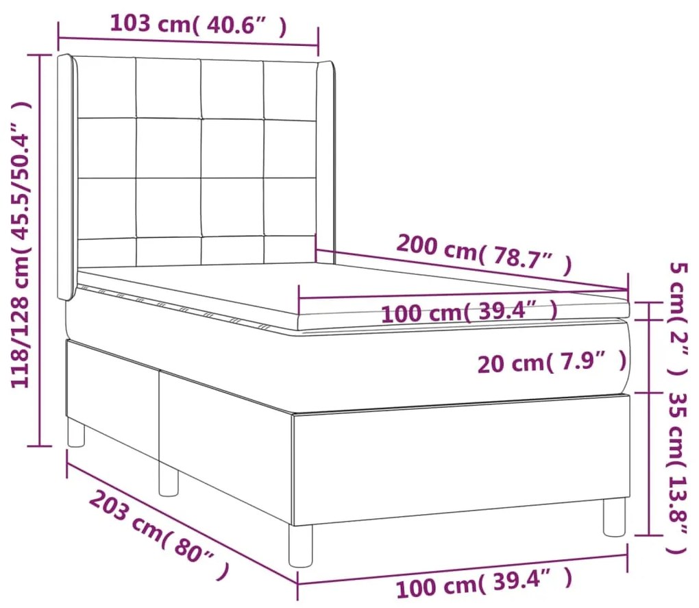 Cama box spring c/ colchão/LED 100x200cm tecido castanho-escuro