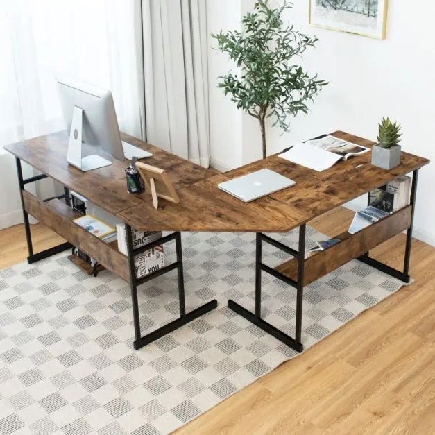 Secretária de canto moderna em forma de L, com mesa de desenho inclinável com prateleira inferior, estrutura em metal - Castanho Escuro