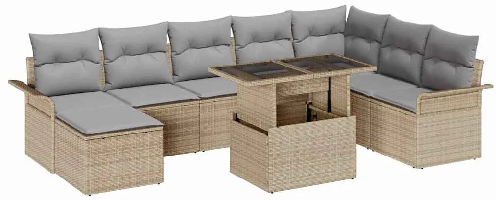 Conjunto de Sofás de Jardim vidaXL 9 Peças com Almofadas Bege Rattan Polido