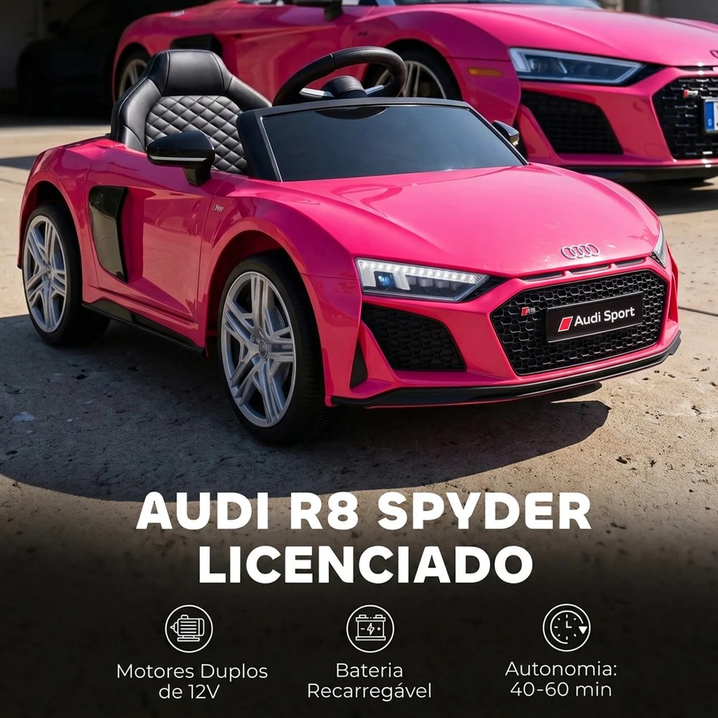 Carro Elétrico Infantil 2 a 5 anos Audi R8 Spider 12 V com Comando 2,4 GHz 2 Motores Arranque Suave e Suspensão Traseira Rosa