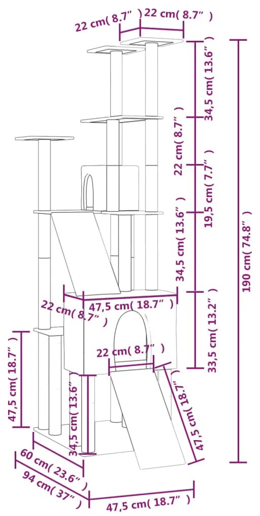 Árvore p/ gatos c/ postes arranhadores sisal 190cm cinza-escuro