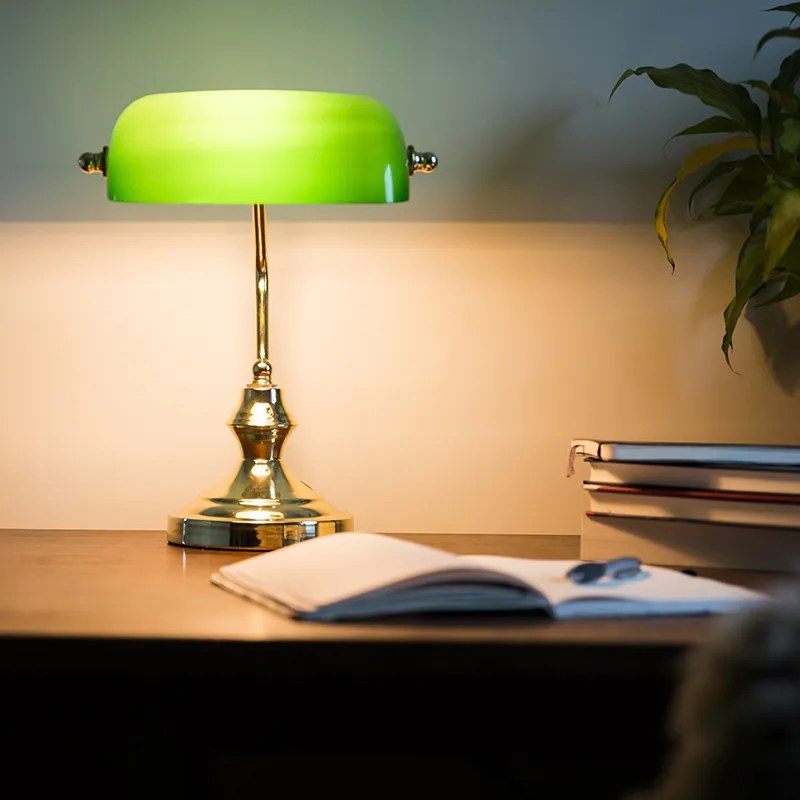 Candeeiro de mesa clássico/candeeiro de notário em latão com vidro verde - Banker