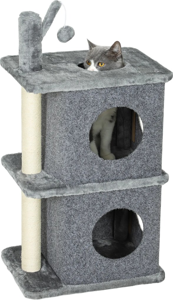 Arranhador para gatos de 3 níveis em forma de torre, com 2 compartimentos abertos e uma superfície de descanso confortável, bola 43 x 33 x 80 cm cinze