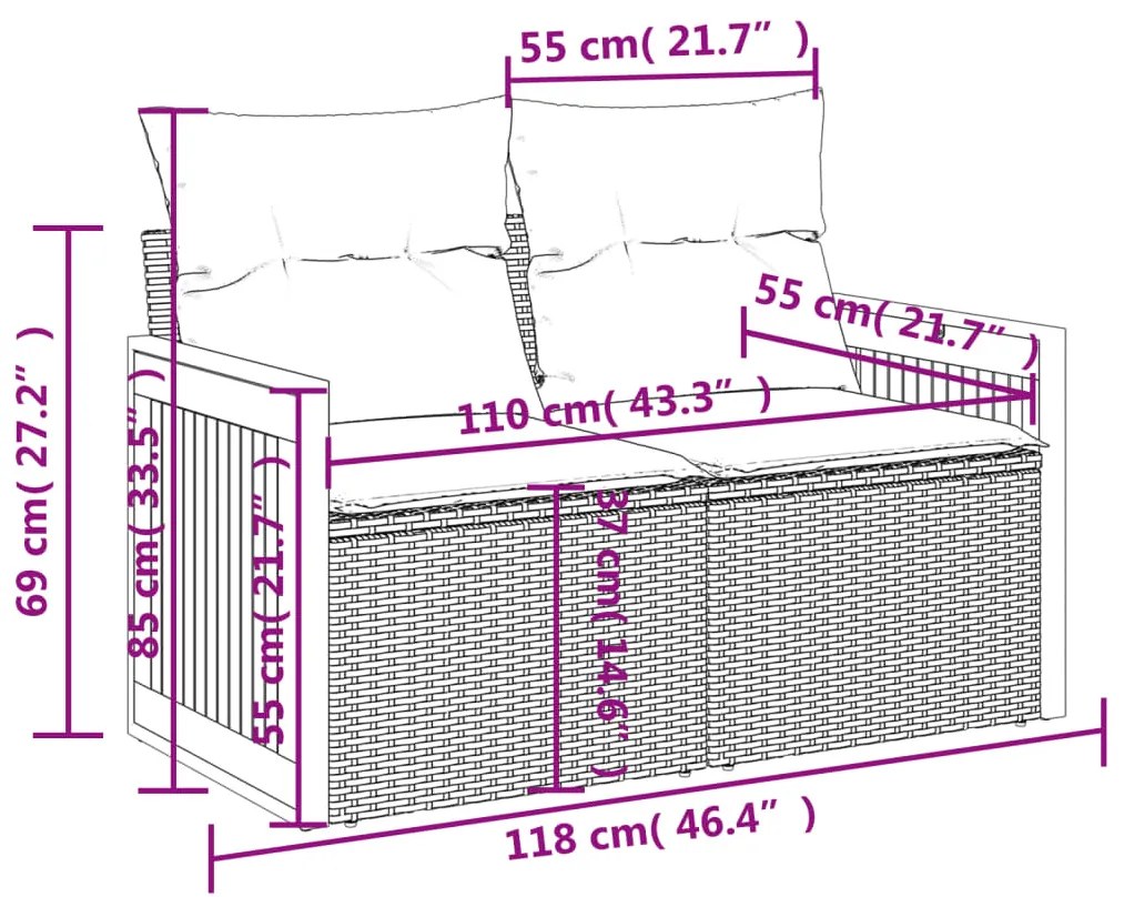 6 pcs conjunto sofás de jardim com almofadões vime cinzento