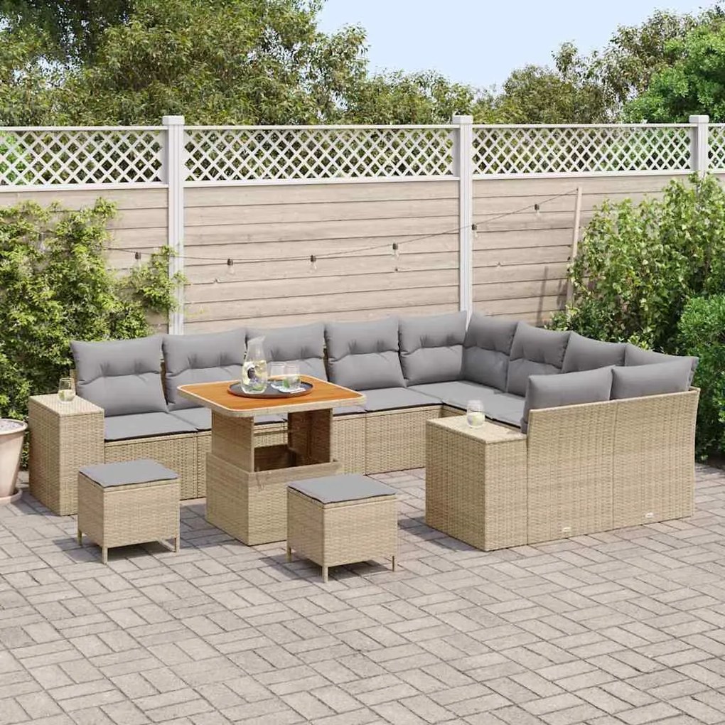 Conjunto de Sofás vidaXL de 12 Peças com Almofadas Bege Rattan Sintéti
