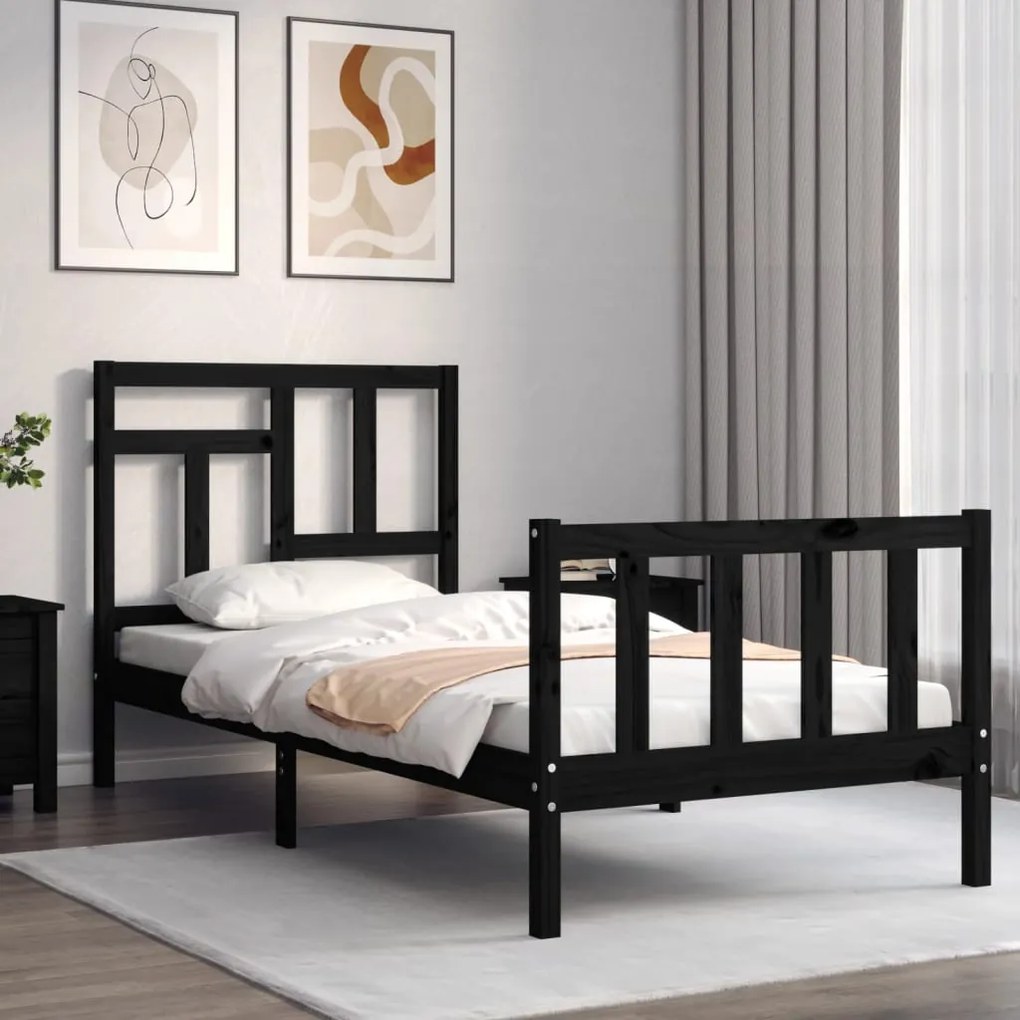 Estrutura de cama com cabeceira 90x200 cm madeira maciça preto