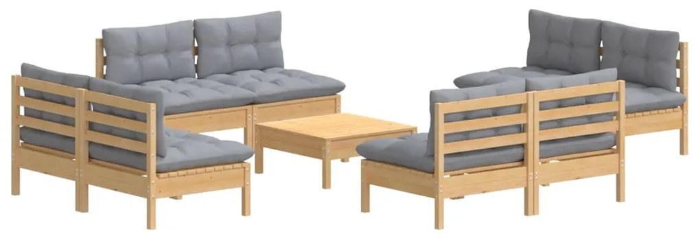9 pcs conjunto lounge de jardim c/ almofadões cinzentos pinho