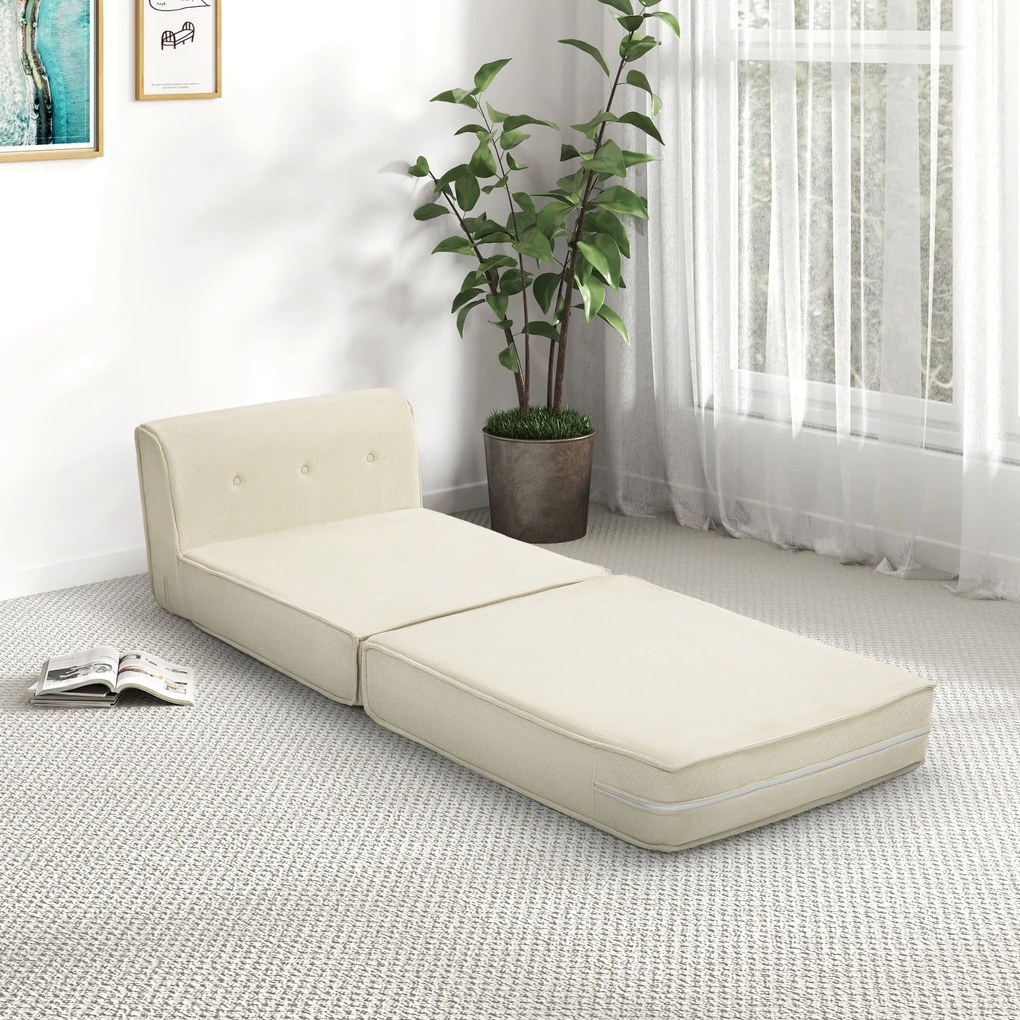 Sofá-cama chão dobrável com encosto acolchoado, pufe convertível, cama extra, sala de estar, escritório, branco creme