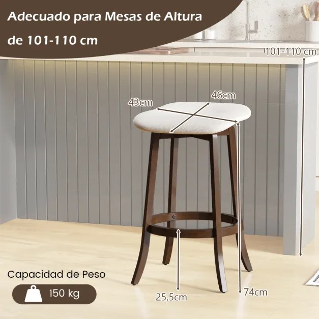 Conjunto de 2 bancos giratórios de bar sem encosto com assentos estofados e apoio para os pés para sala de jantar 46 x 43 x 74 cm Castanho