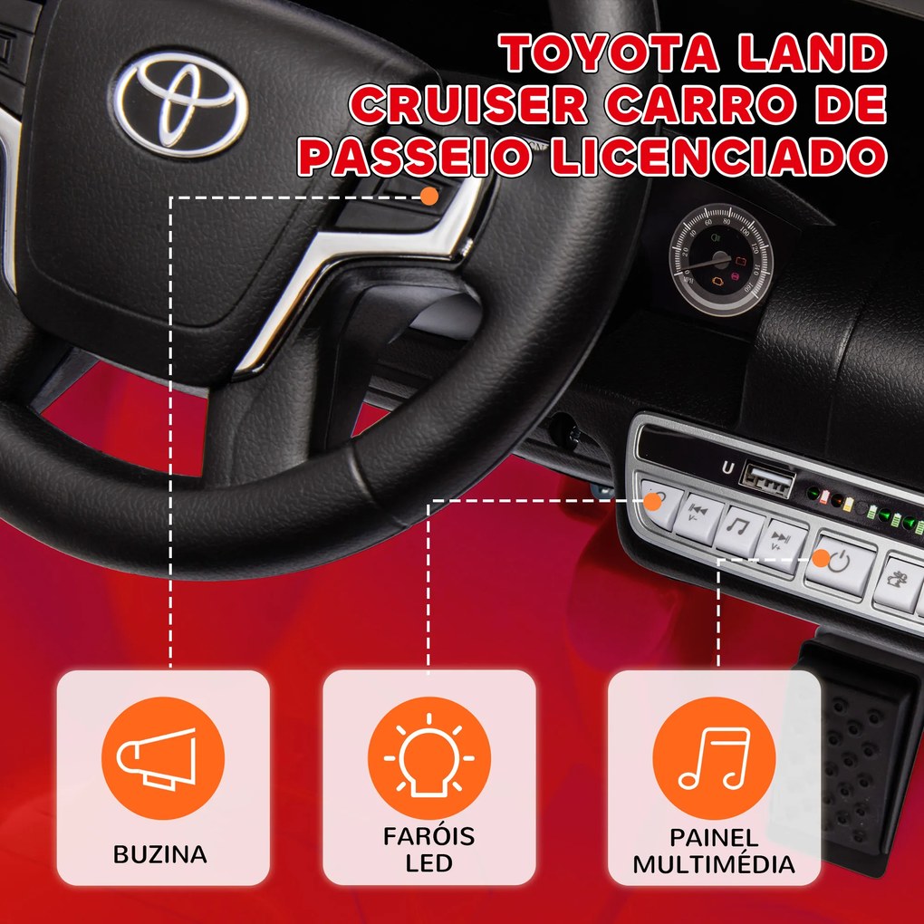 Carro Elétrico para Crianças Toyota Land Cruiser 12V com Faróis Buzina Arranque Lento e Música MP3 107x65x55,5 cm Vermelho