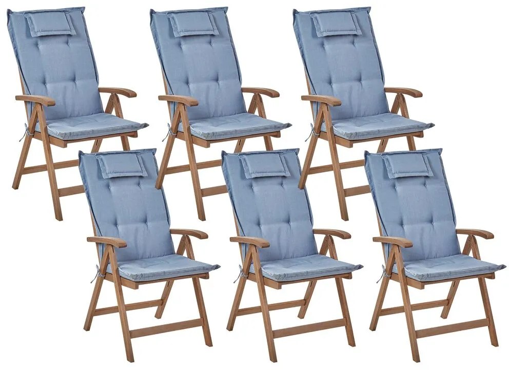 Conjunto 6 cadeiras de jardim em madeira escura de acácia com almofadas azuis AMANTEA Beliani