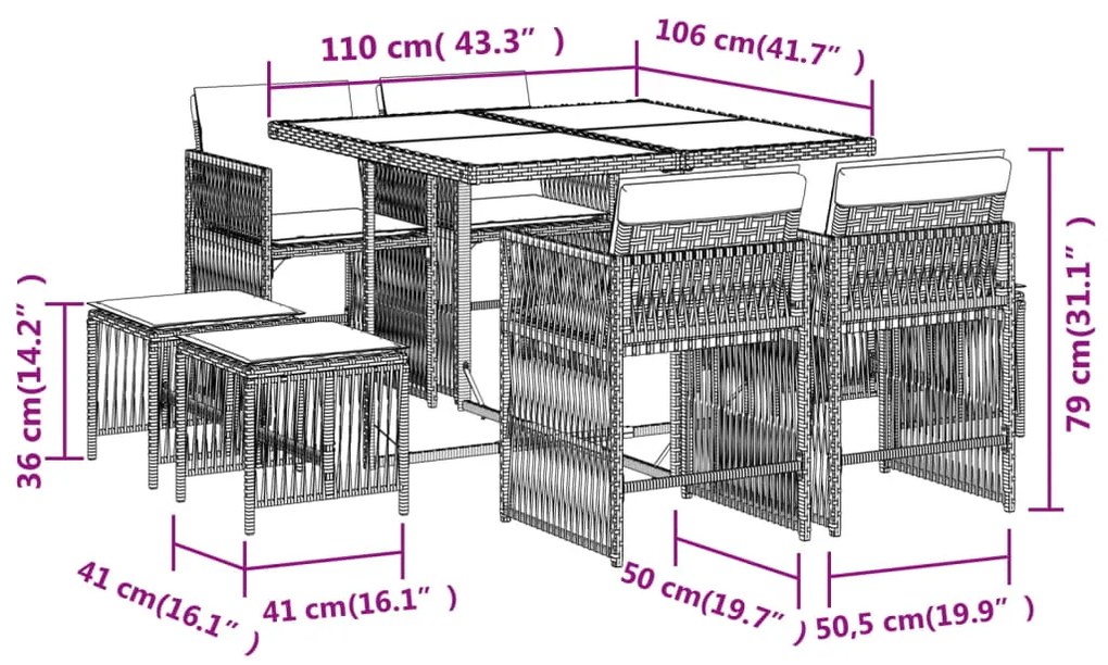 9 pcs conjunto de jantar p/ jardim c/ almofadões vime PE preto