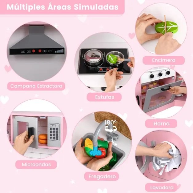 Cozinha para brincar a partir dos 3 anos com som, luzes, exaustor, frigorífico, micro-ondas, forno, lava-louça, máquina de lavar roupa e acessórios ro