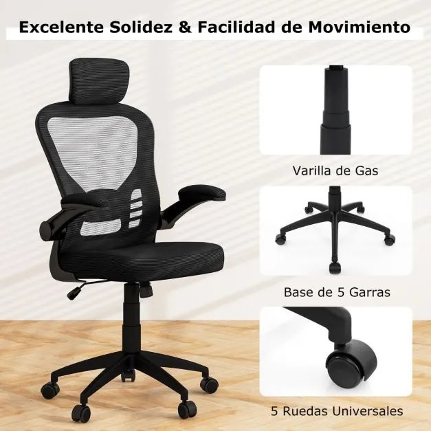 Cadeira de escritório ergonómica com apoios de braços dobráveis em rede Encosto ajustável e encosto basculante 66 x 66 x 114-124 cm Preto