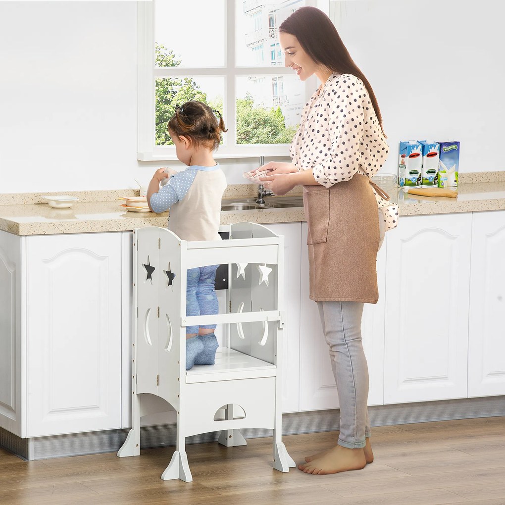 HOMCOM Torre de Aprendizagem para Crianças 3-6 anos de Madeira Torre de Aprendizagem Infantil Dobrável com Ardósia e Barra de Segurança para Casa de Banho Cozinha 56,5x56,5x94cm Branco