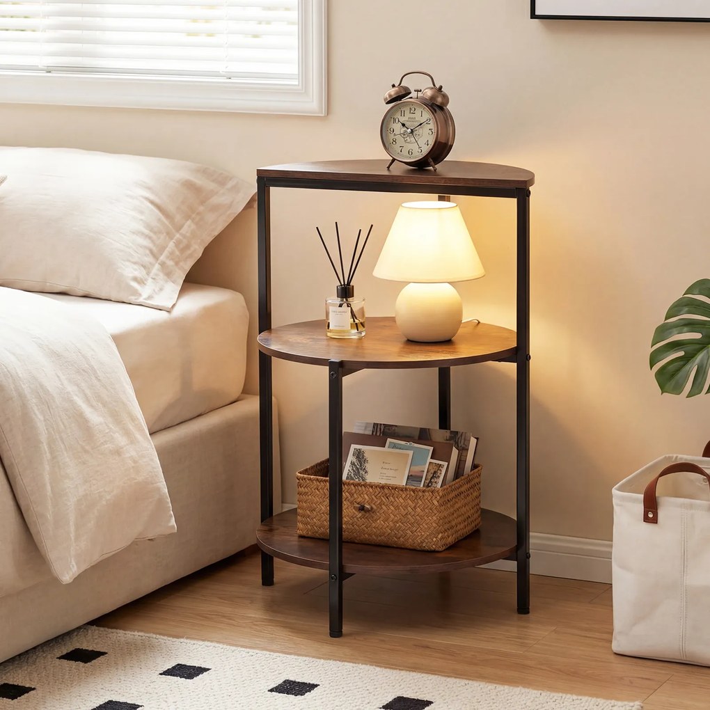 Mesa apoio redonda com 3 estantes 43 x 43 x 63 cm, Estrutura metálica, ideal para o quarto, sala e espaços pequenos, em Castanho rústico