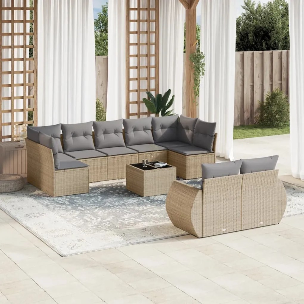 10 pcs conjunto de sofás p/ jardim com almofadões vime PE bege
