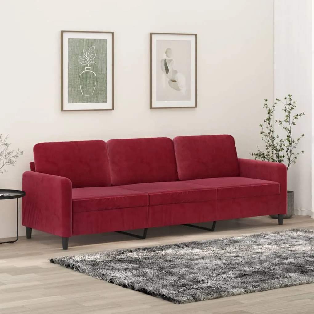 vidaXL Sofá de 3 lugares veludo 210 cm vermelho tinto