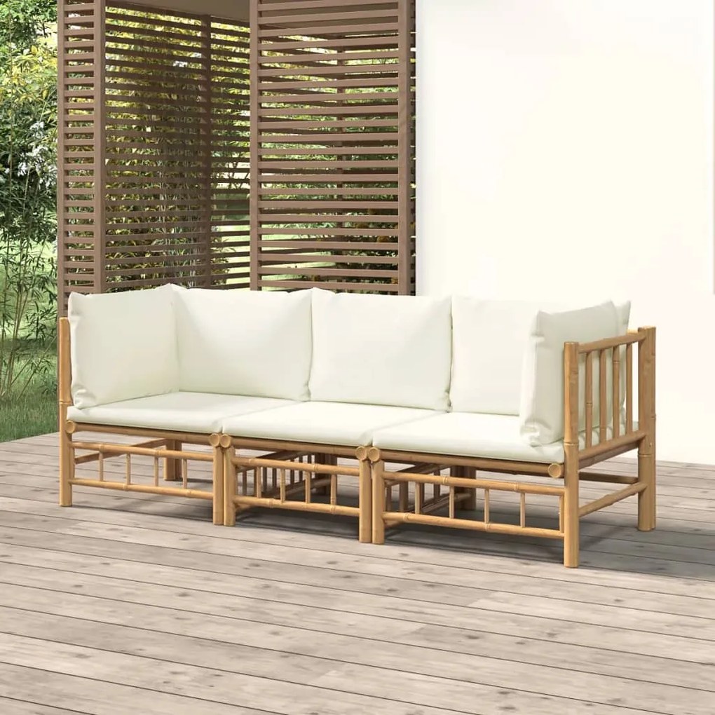 vidaXL 3 pcs conjunto lounge de jardim bambu c/ almofadões branco nata