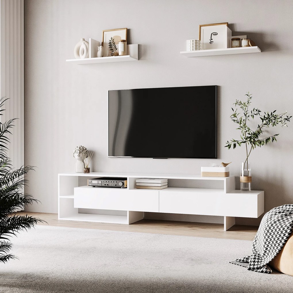 HOMCOM Móvel de TV para Sala de Estar Móvel para Televisor 180x33,5x42cm e 2 Prateleiras de Parede 65x20x20cm Branco