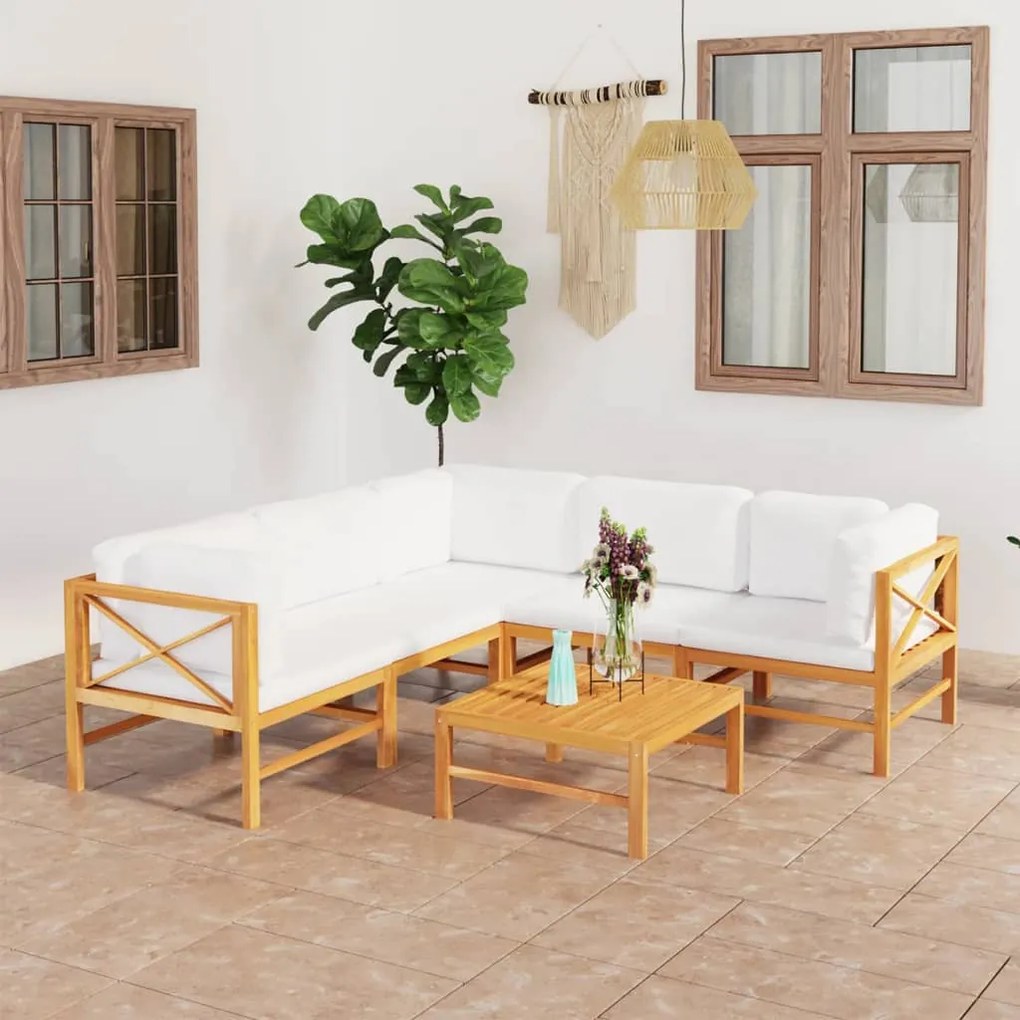 vidaXL 6 pcs conj. lounge de jardim + almofadões cor creme teca maciça