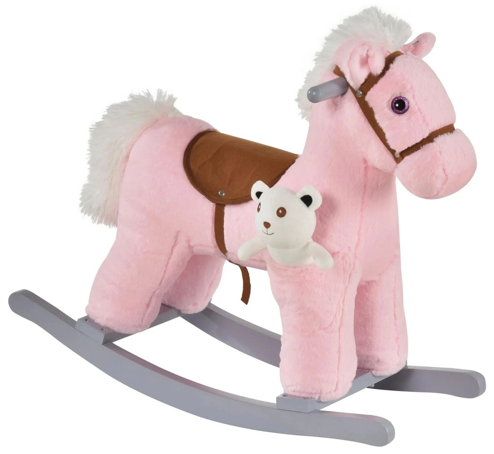 HOMCOM Cavalo Baloiço para Crianças de 18-36 Meses Cavalo de Balançar com Ursinho de Pelúcia Sons de Relinchos 65x26x55cm Rosa