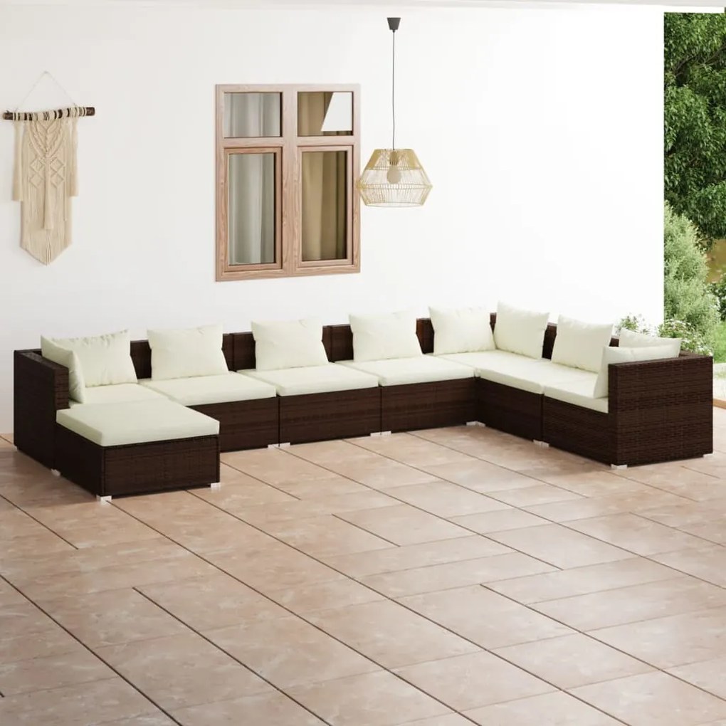 8 pcs conjunto lounge jardim c/ almofadões vime PE castanho