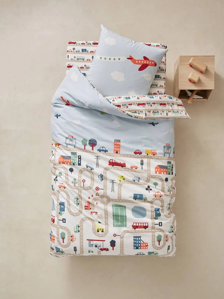 Conjunto capa de edredon + fronha de almofada para criança, tema Auto-city estampado carros