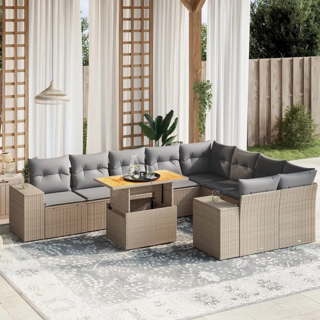 10 pcs conjunto de sofás p/ jardim com almofadões vime PE bege