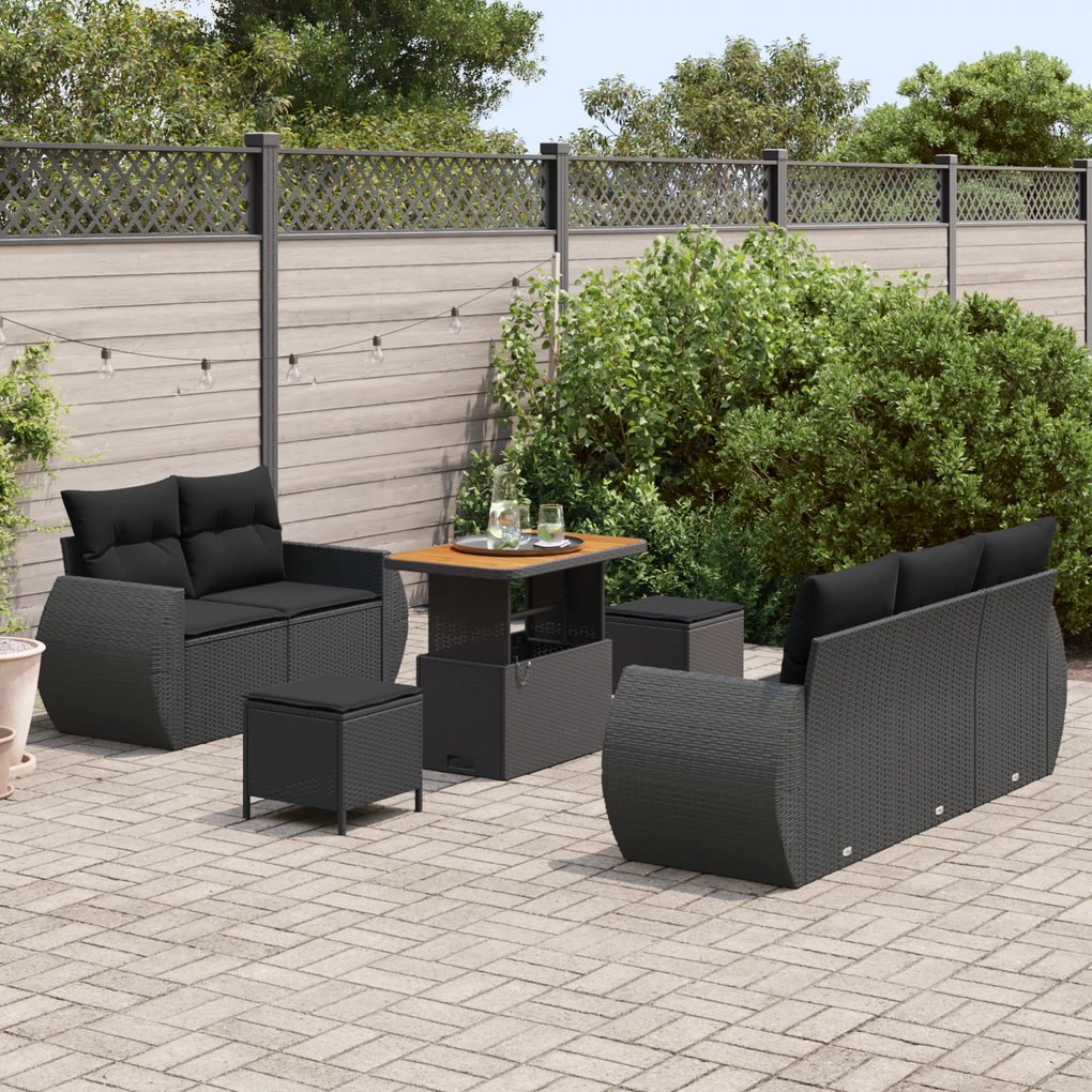 Conjunto de Sofá de Jardim vidaXL 8 Peças com Almofadas Preto Poliratt