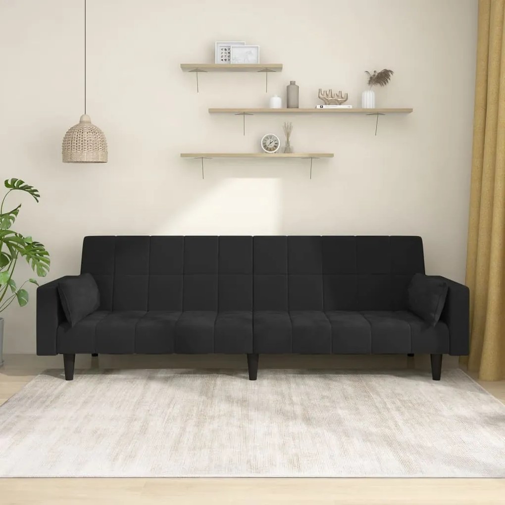 337519 vidaXL Sofá-cama 2 lugares com duas almofadas veludo preto