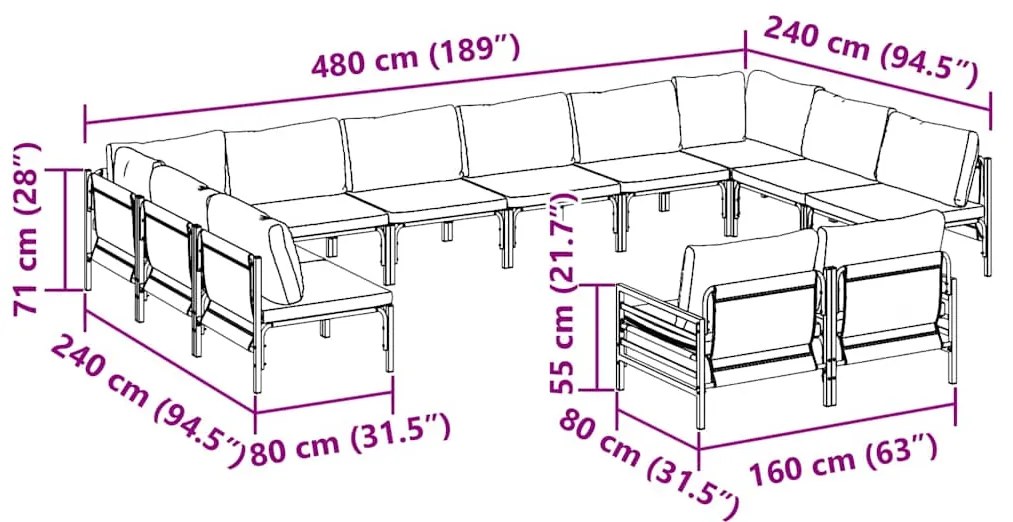 Conjunto de Sofá de Jardim 12 pcs Cinzento-escuro Aço